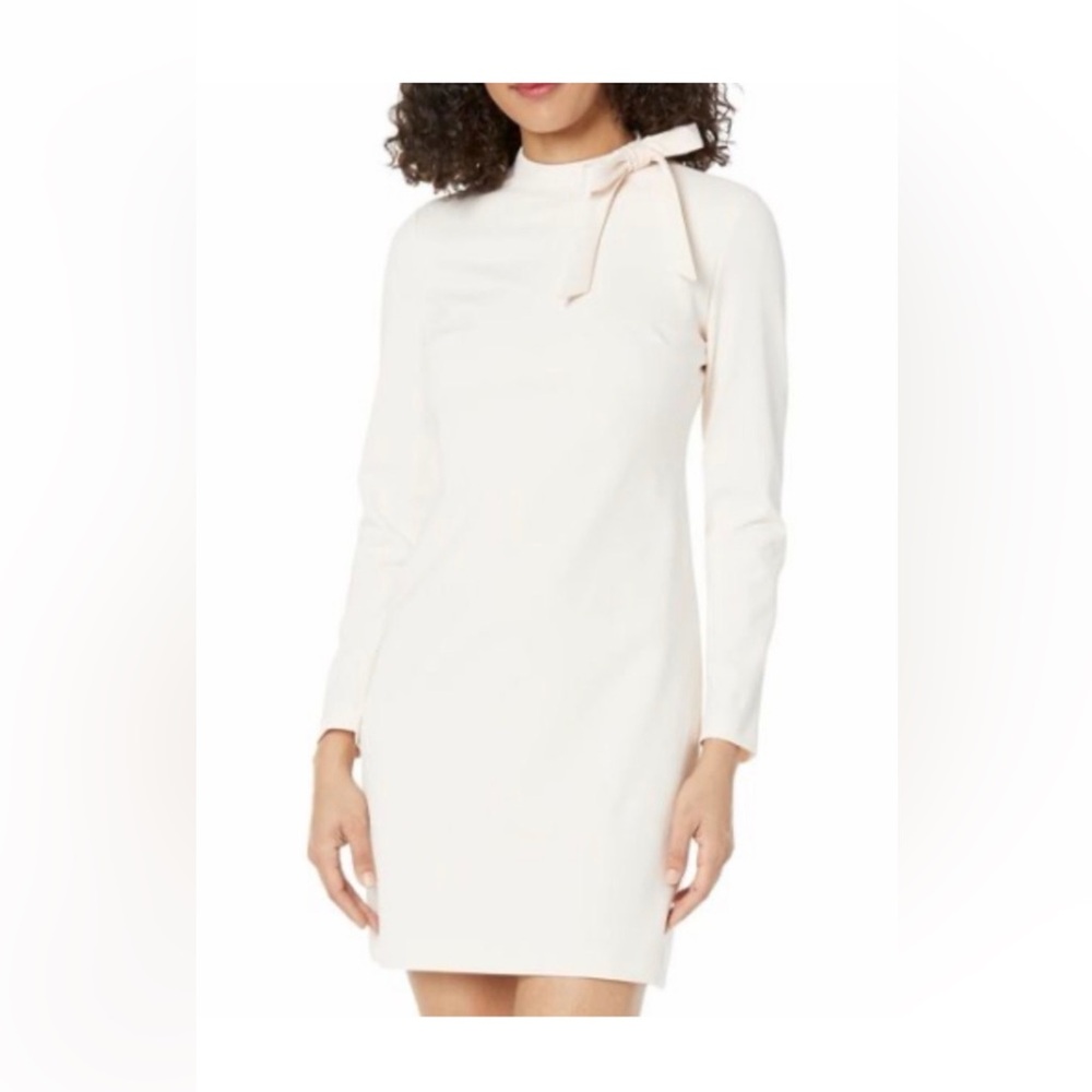 Calvin Klein Cream Long-Sleeve Tie-Neck Shift Dress